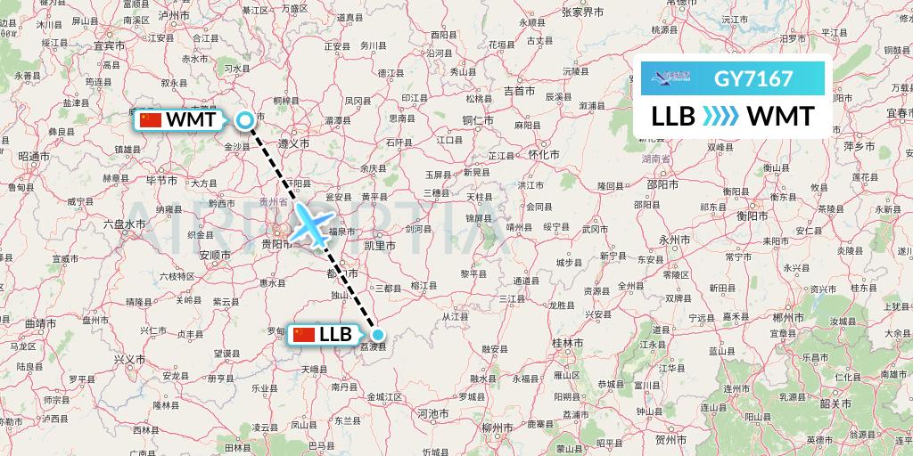 GY7167 Colorful GuiZhou Airlines Flight Map: Libo to Zunyi