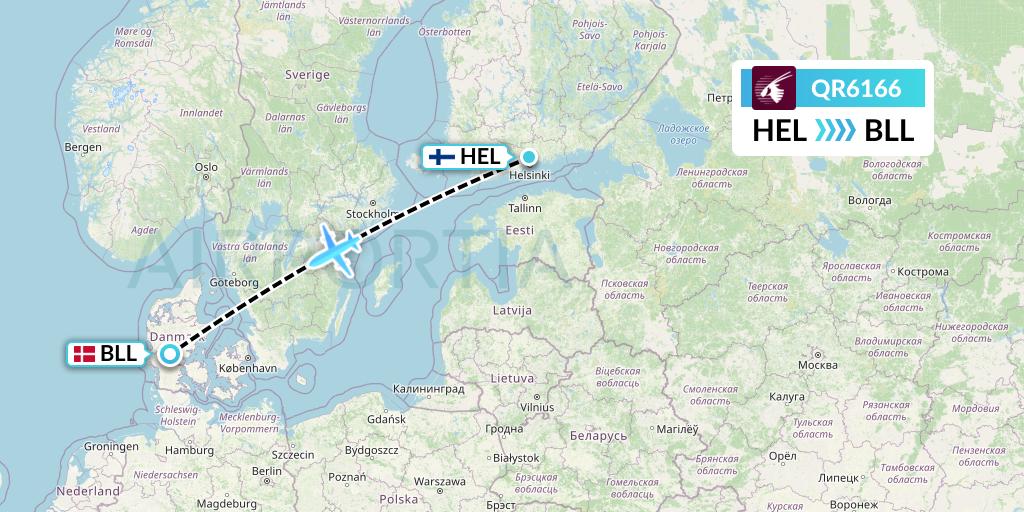 QR6166 Qatar Airways Flight Map: Helsinki to Billund