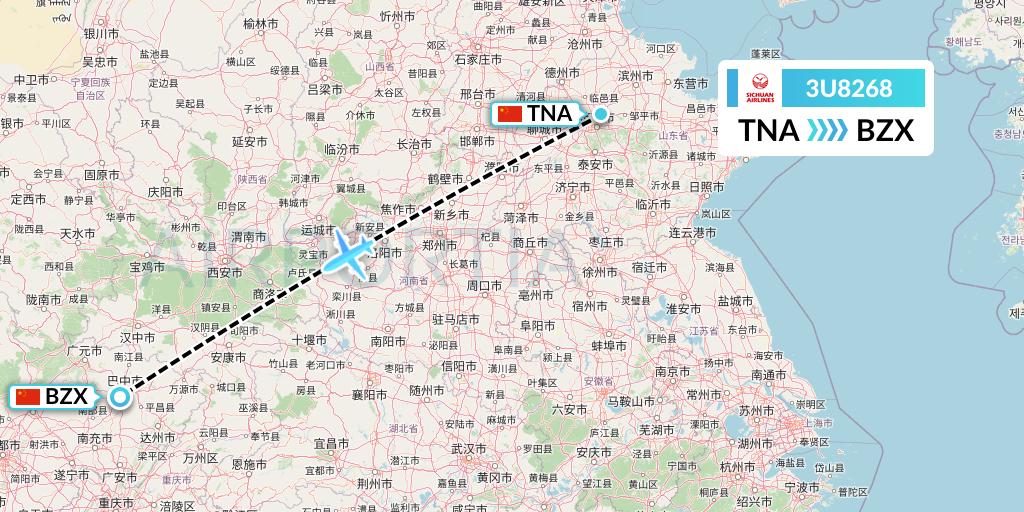 3U8268 Sichuan Airlines Flight Map: Jinan to Guangyuan
