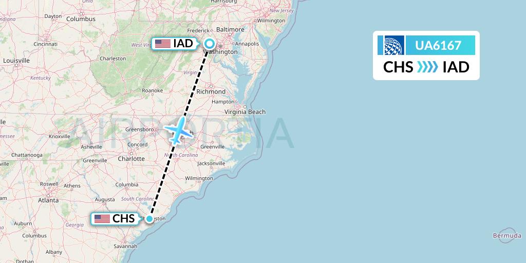 UA6167 United Airlines Flight Map: Charleston to Washington