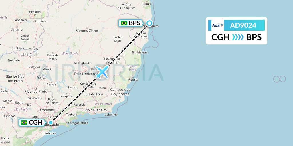 AD9024 Azul Brazilian Airlines Flight Map: Sao Paulo to Porto Seguro
