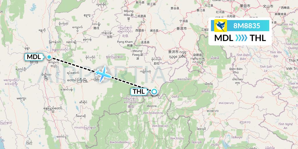 8M8835 Myanmar Airways International Flight Map: Mandalay to Tachilek