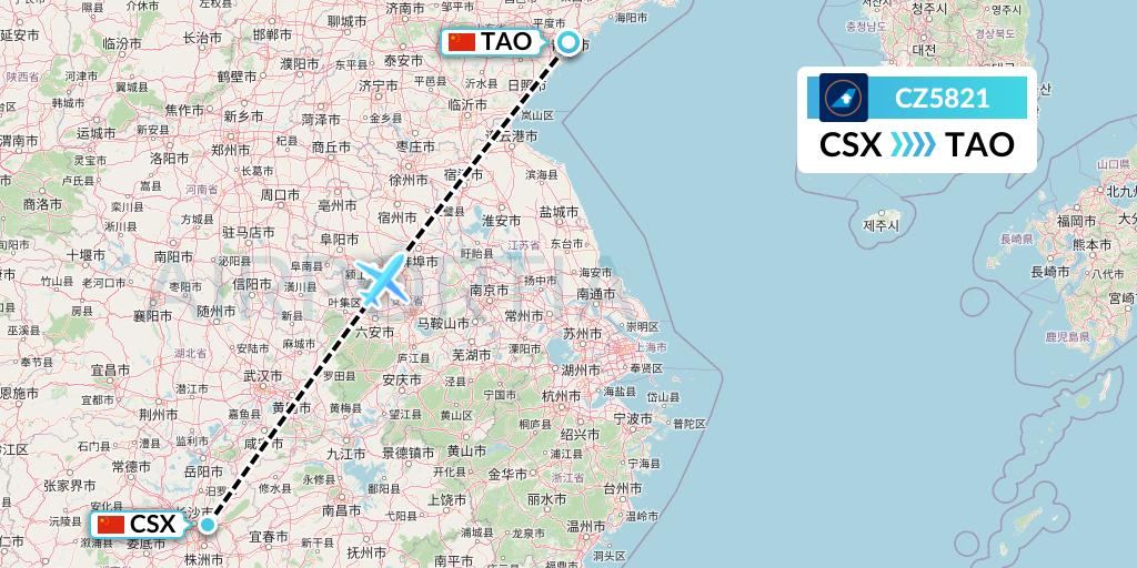 CZ5821 China Southern Airlines Flight Map: Changsha to Qingdao