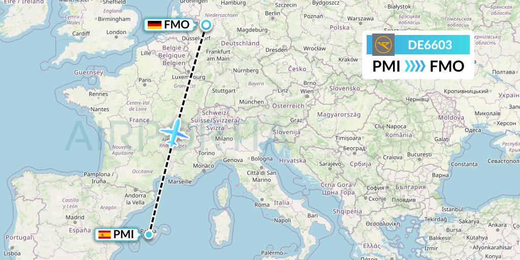 DE6603 Condor Flight Map: Palma de Mallorca to Munster