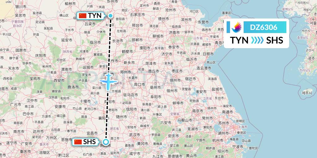 DZ6306 Donghai Airlines Flight Map: Taiyuan to Shashi