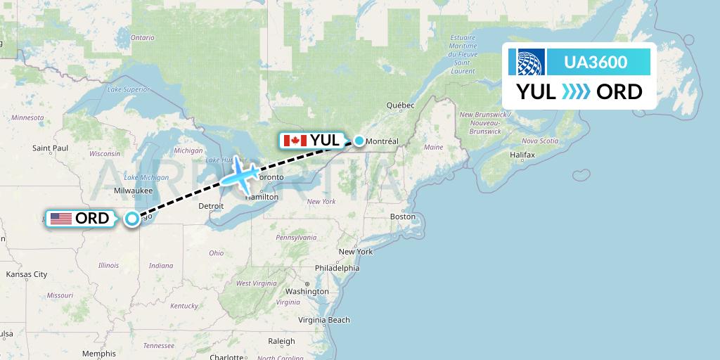 UA3600 United Airlines Flight Map: Montreal to Chicago