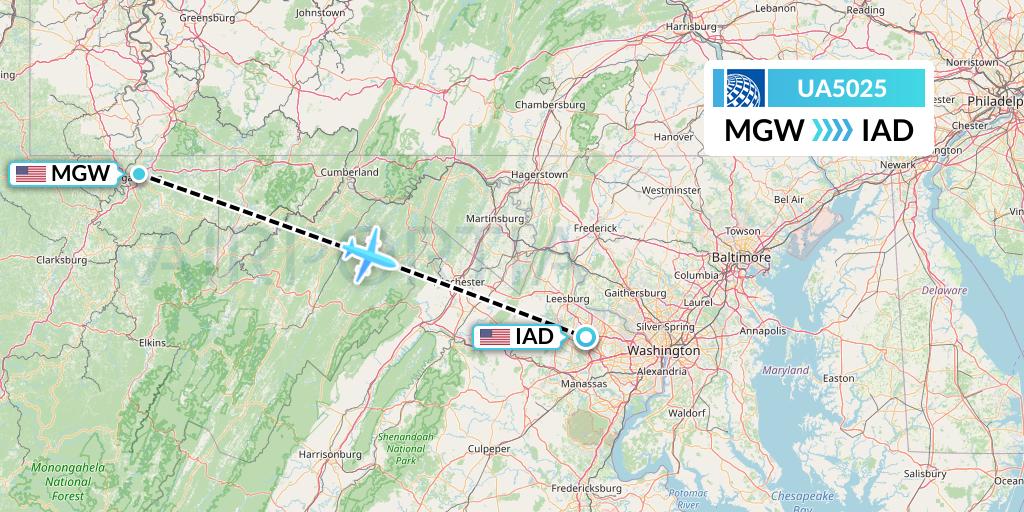 UA5025 United Airlines Flight Map: Morgantown to Washington