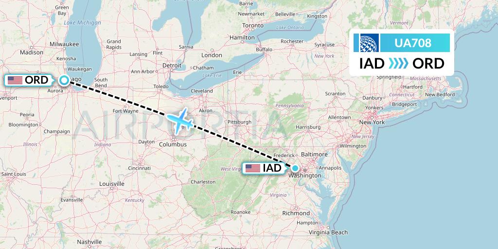 UA708 United Airlines Flight Map: Washington to Chicago
