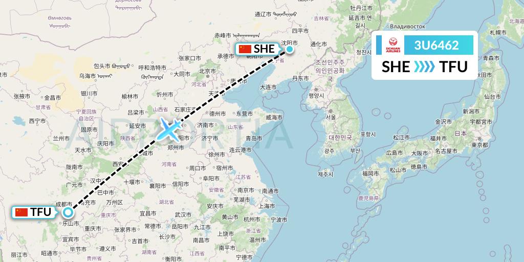 3U6462 Sichuan Airlines Flight Map: Shenyang to Chengdu
