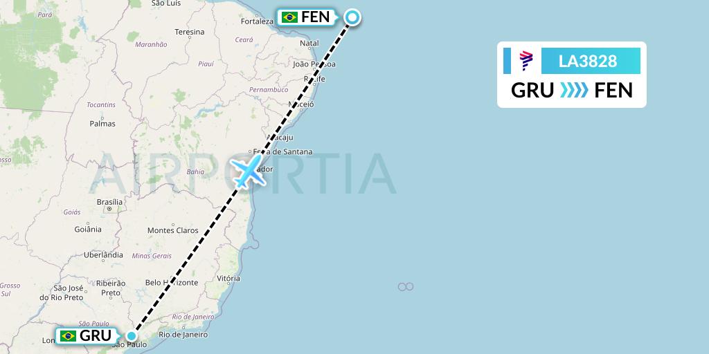 LA3828 LAN Airlines Flight Map: Sao Paulo to Fernando De Noronha