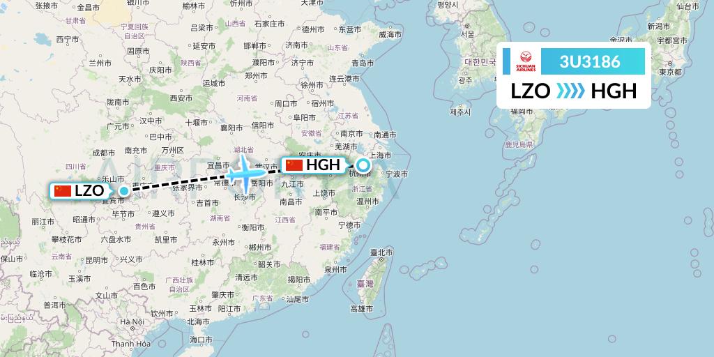 3U3186 Sichuan Airlines Flight Map: Luzhou to Hangzhou