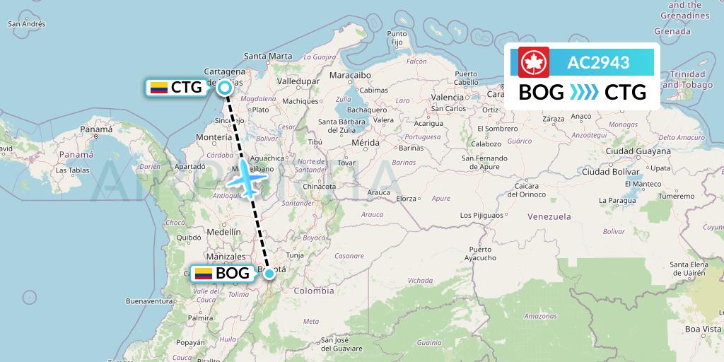 AC2943 Air Canada Flight Map: Bogota to Cartagena