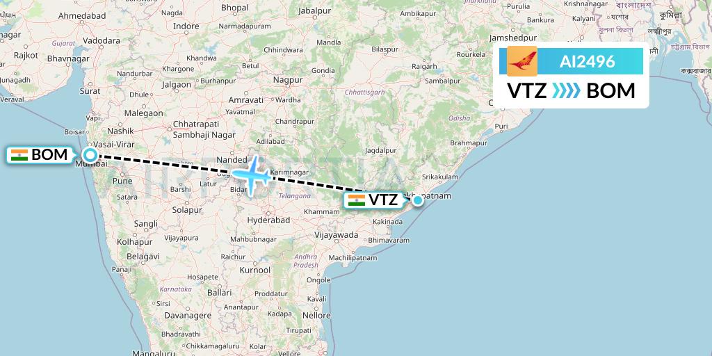 AI2496 Air India Flight Map: Visakhapatnam to Mumbai