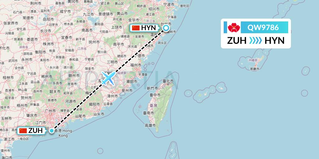 QW9786 Qingdao Airlines Flight Map: Zhuhai to Huangyan