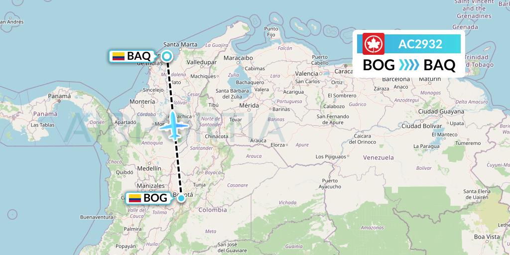 AC2932 Air Canada Flight Map: Bogota to Barranquilla