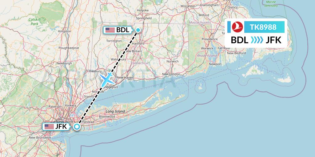 TK8988 Turkish Airlines Flight Map: Windsor Locks to New York