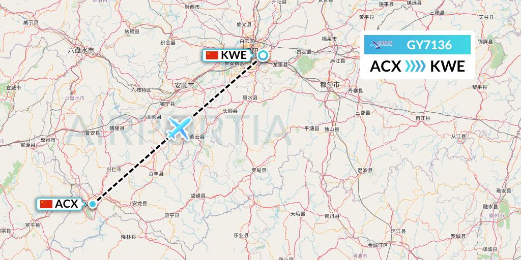 GY7136 Colorful GuiZhou Airlines Flight Map: Xingyi to Guiyang