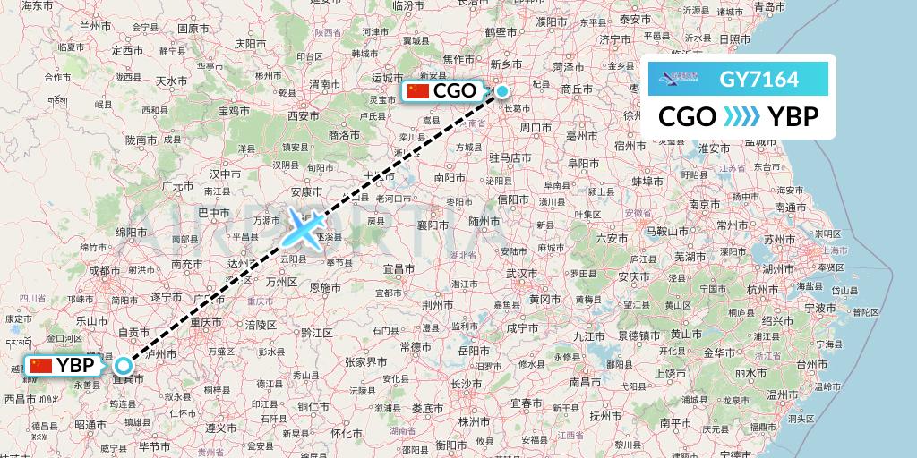 GY7164 Colorful GuiZhou Airlines Flight Map: Zhengzhou to Yibin