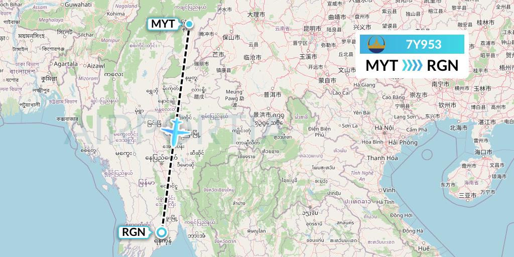 7Y953 Mann Yadanarpon Airlines Flight Map: Myitkyina to Yangon
