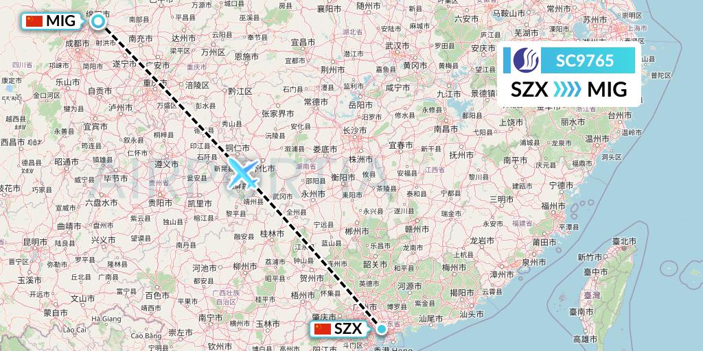 SC9765 Shandong Airlines Flight Map: Shenzhen to Mianyang