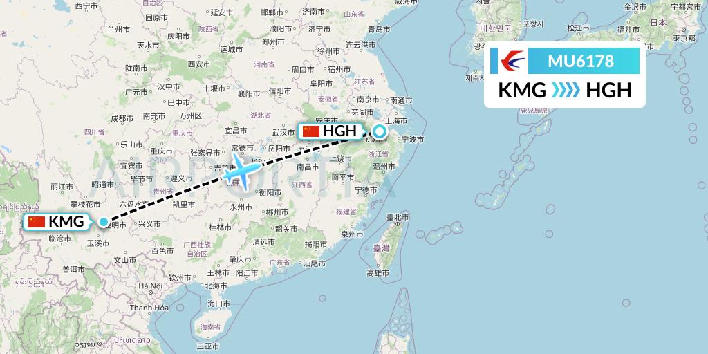MU6178 China Eastern Airlines Flight Map: Kunming to Hangzhou