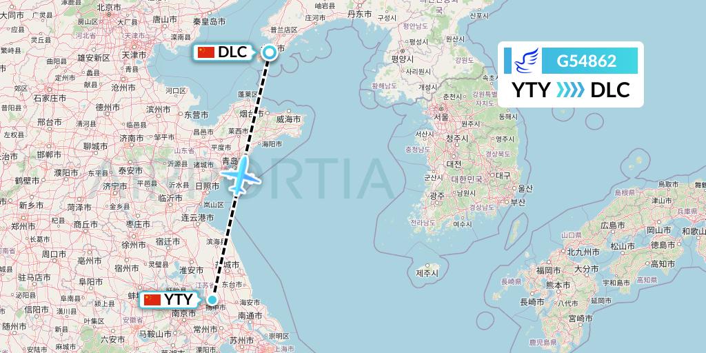 G54862 China Express Airlines Flight Map: Yangzhou to Dalian