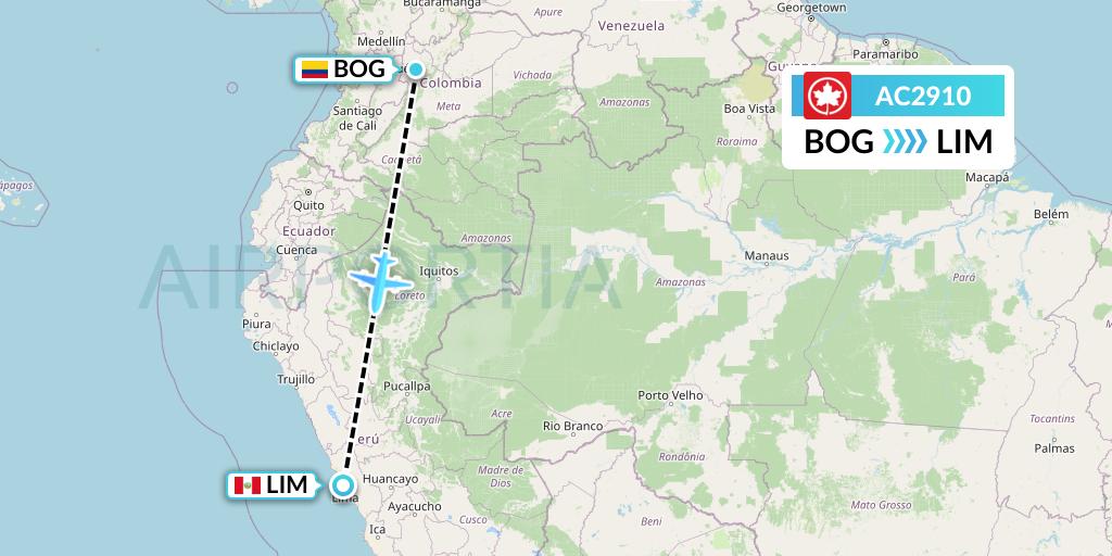AC2910 Air Canada Flight Map: Bogota to Lima