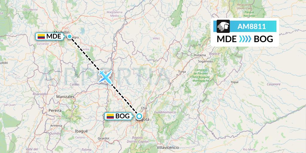 AM8811 Aeromexico Flight Map: Medellin to Bogota