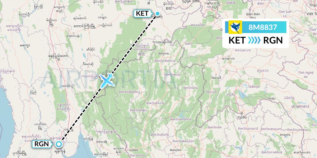 8M8837 Myanmar Airways International Flight Map: Kengtung to Yangon