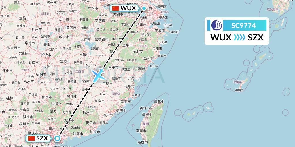 SC9774 Shandong Airlines Flight Map: Wuxi to Shenzhen