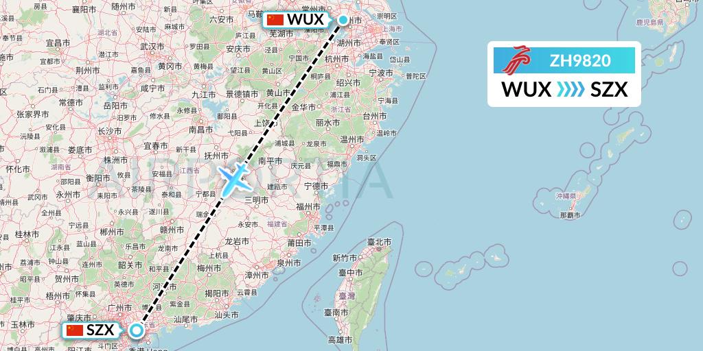 ZH9820 Shenzhen Airlines Flight Map: Wuxi to Shenzhen