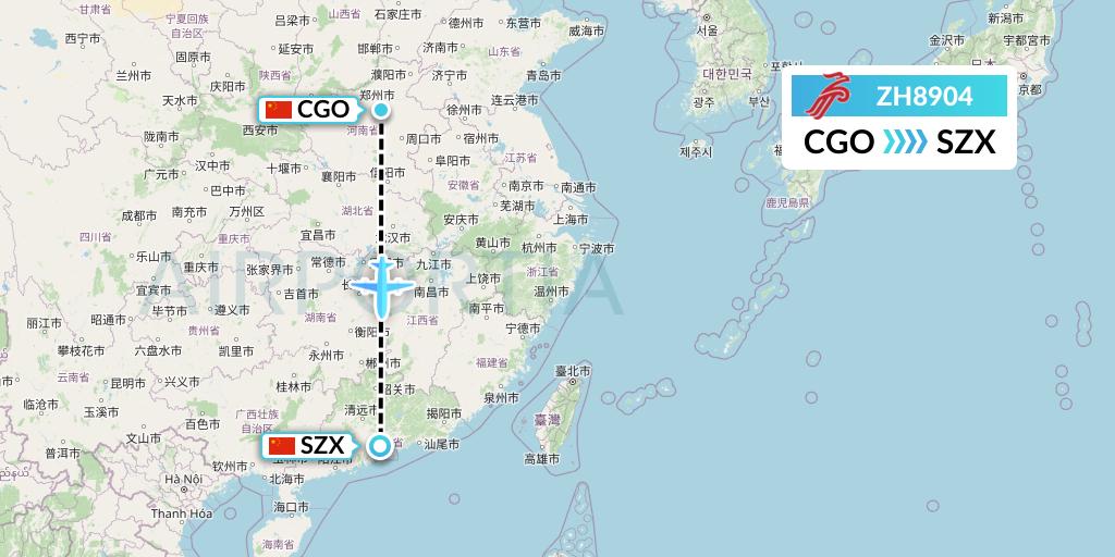 ZH8904 Shenzhen Airlines Flight Map: Zhengzhou to Shenzhen