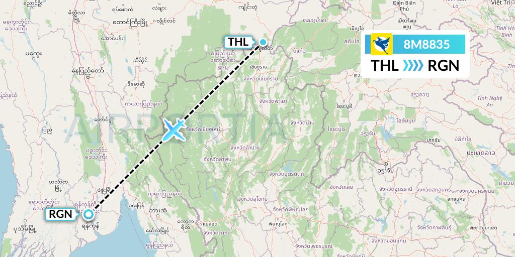 8M8835 Myanmar Airways International Flight Map: Tachilek to Yangon