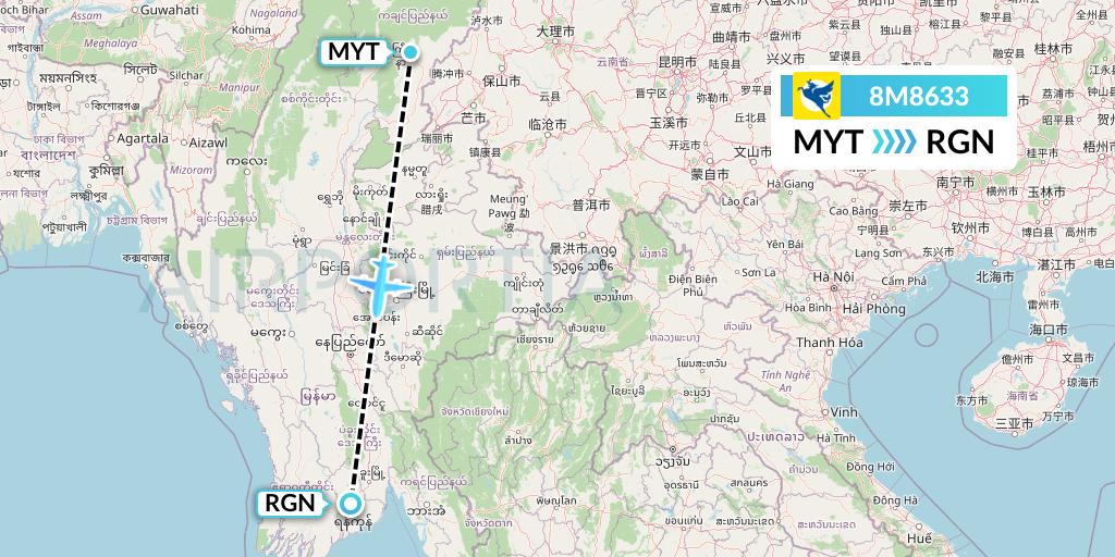 8M8633 Myanmar Airways International Flight Map: Myitkyina to Yangon