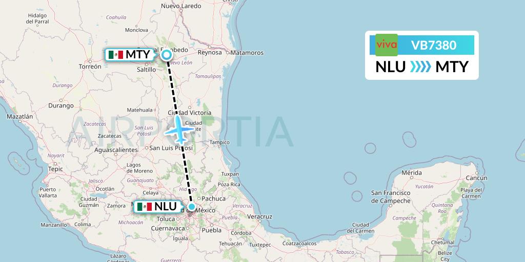 VB7380 VivaAerobus Flight Map: Reyes Acozac to Monterrey