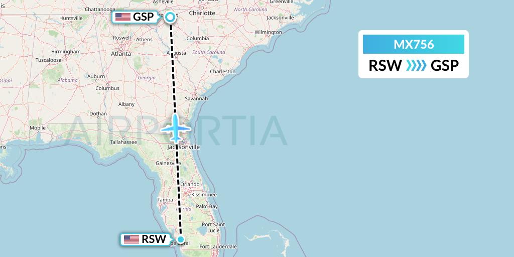 MX756 Breeze Airways Flight Map: Fort Myers to Greenville-Spartanburg