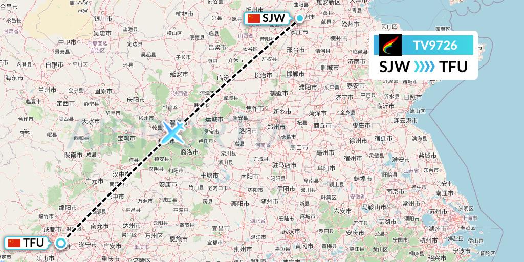 TV9726 Tibet Airlines Flight Map: Shijiazhuang to Chengdu