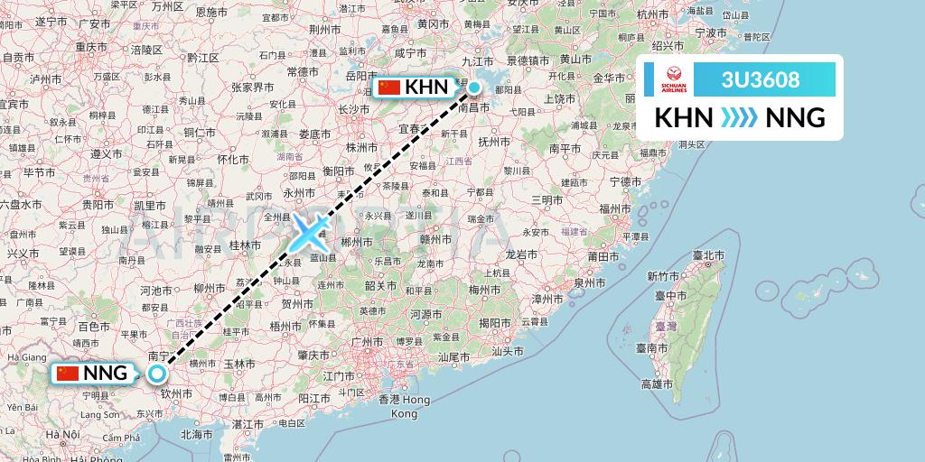 3U3608 Sichuan Airlines Flight Map: Nanchang to Nanning