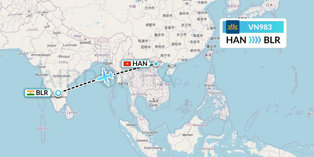 VN983 Vietnam Airlines Flight Map: Hanoi to Bangalore