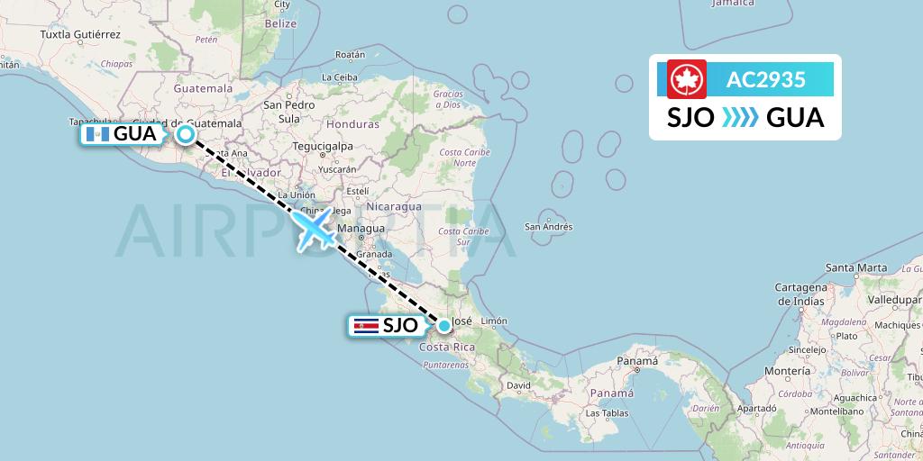 AC2935 Air Canada Flight Map: San Jose to Guatemala City