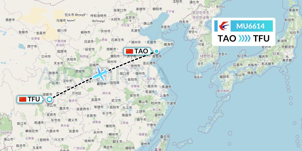 MU6614 China Eastern Airlines Flight Map: Qingdao to Chengdu