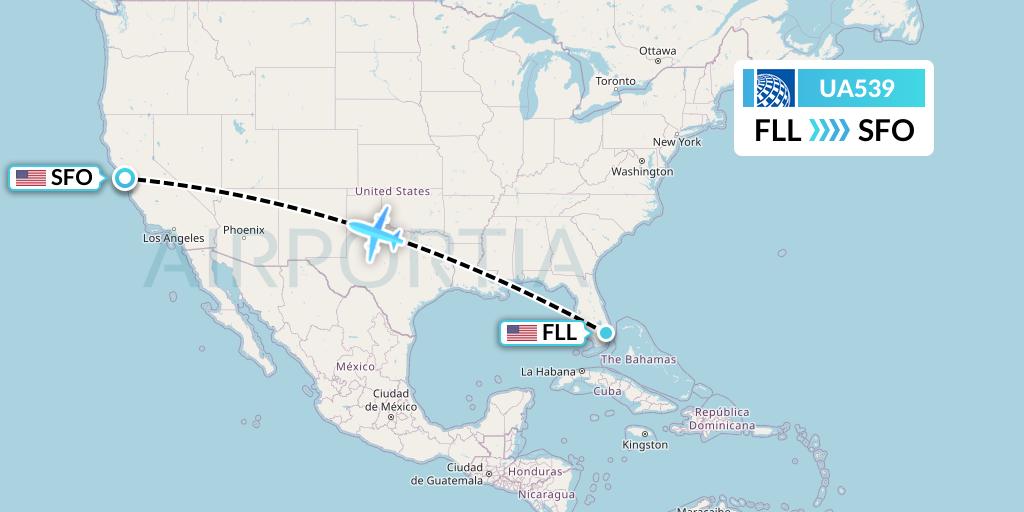 UA539 United Airlines Flight Map: Fort Lauderdale to San Francisco