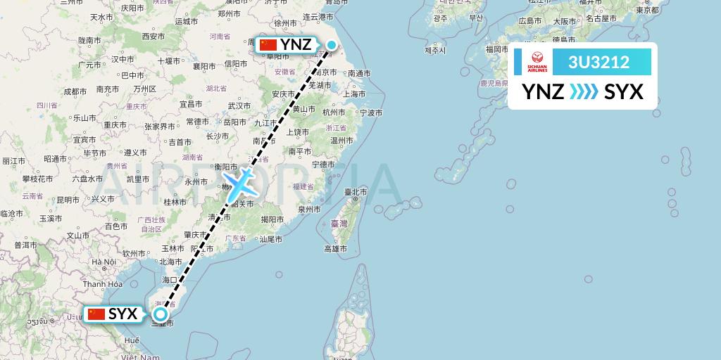 3U3212 Sichuan Airlines Flight Map: Yancheng to Sanya