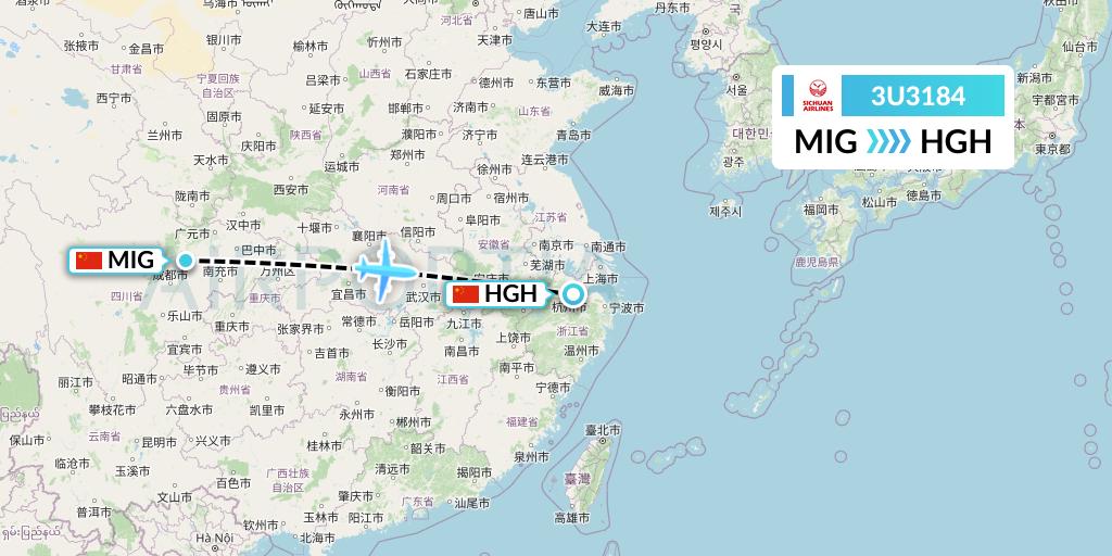 3U3184 Sichuan Airlines Flight Map: Mianyang to Hangzhou