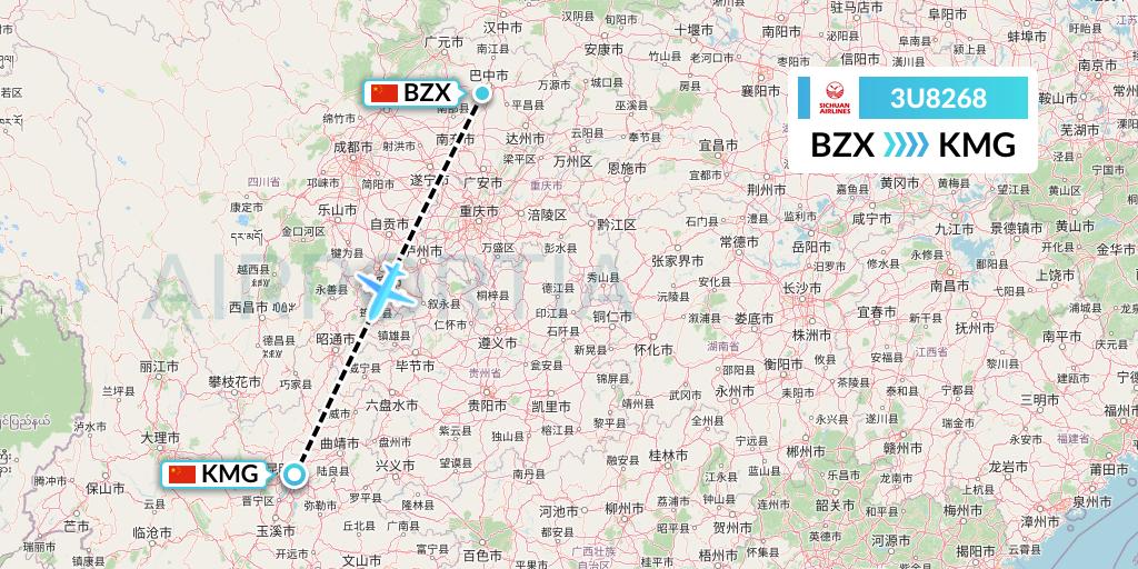 3U8268 Sichuan Airlines Flight Map: Guangyuan to Kunming