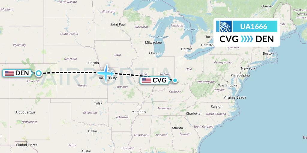 UA1666 United Airlines Flight Map: Cincinnati to Denver