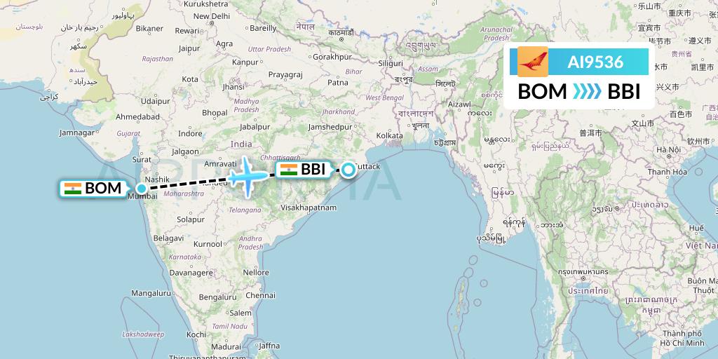 AI9536 Air India Flight Map: Mumbai to Bhubaneswar