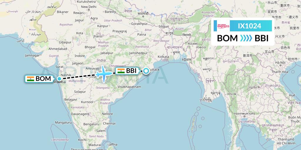 IX1024 Air India Express Flight Map: Mumbai to Bhubaneswar