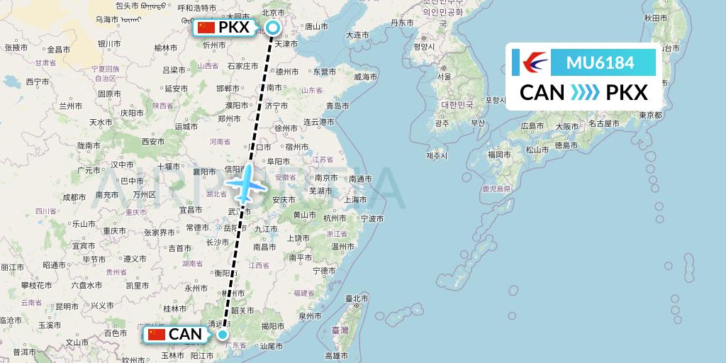 MU6184 China Eastern Airlines Flight Map: Guangzhou to Beijing