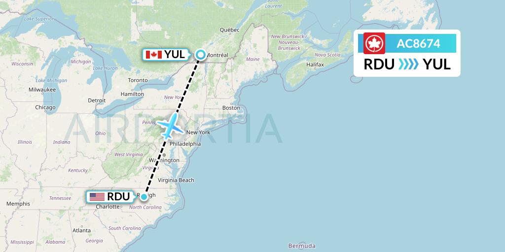 AC8674 Air Canada Flight Map: Raleigh-Durham to Montreal